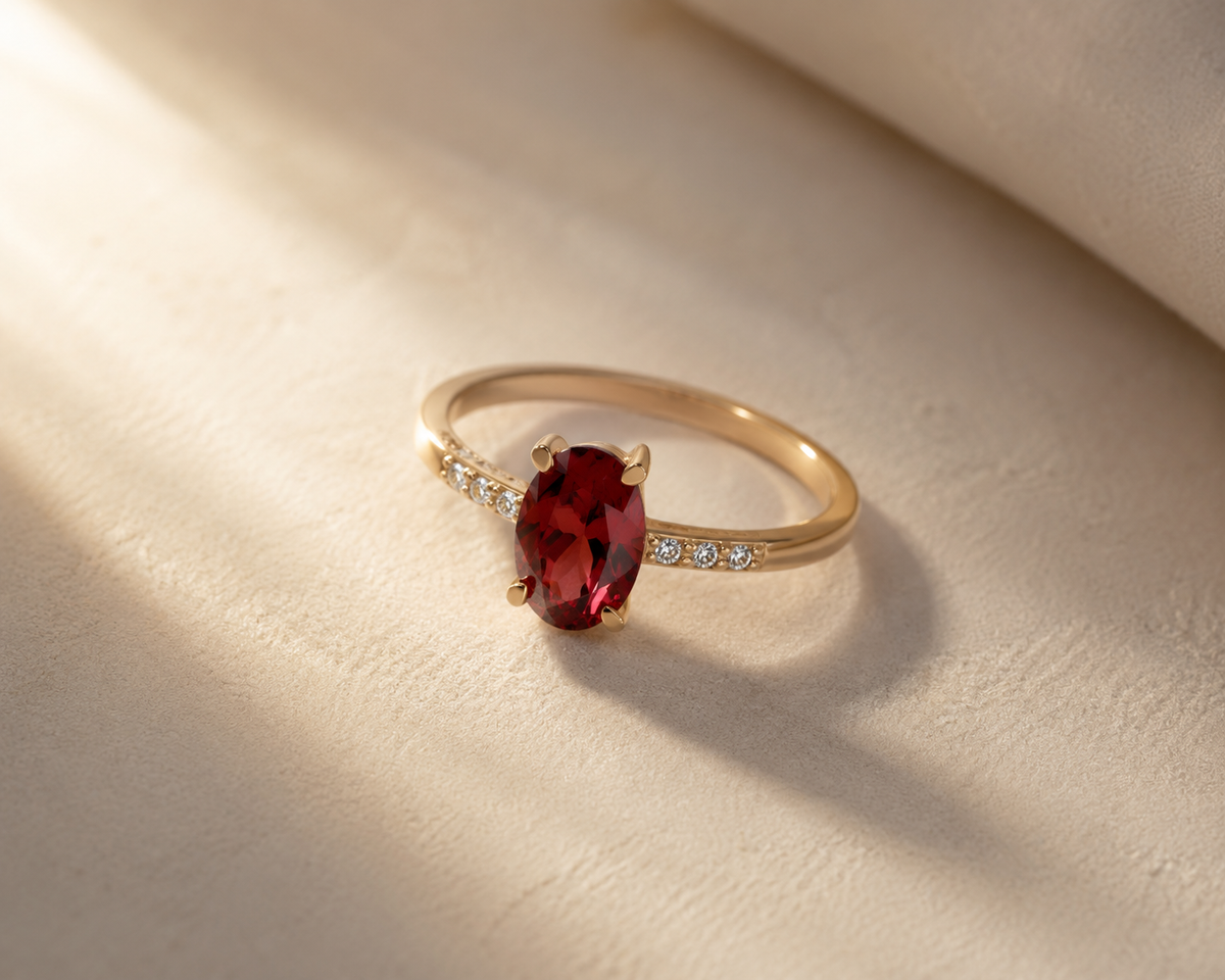Oval kırmızı garnet taşlı, pavé yan taşlı altın kaplama tektaş yüzük